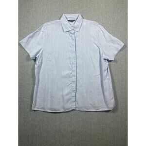 Lands' End Button Down Blouse Top Women's XL Blue Linen Short Sleeves Pleated